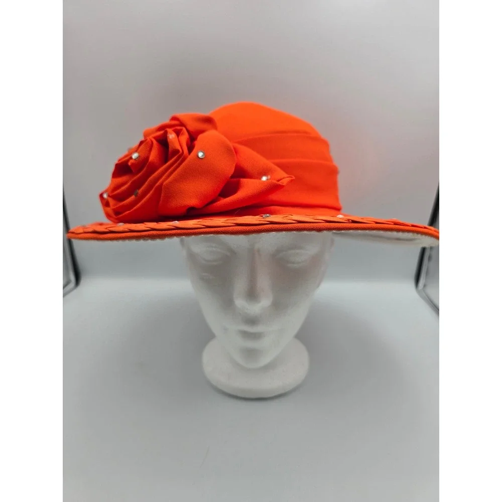 Unbranded Wide Brim Dress Hat Women Orange Good Floral Rhinestone Kentucky Derby
